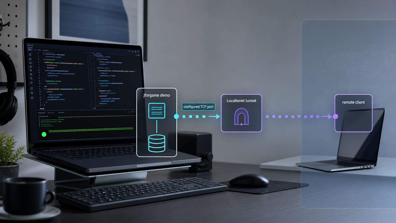 A local jforgame server connects through a Localtonet TCP tunnel to a remote client.
