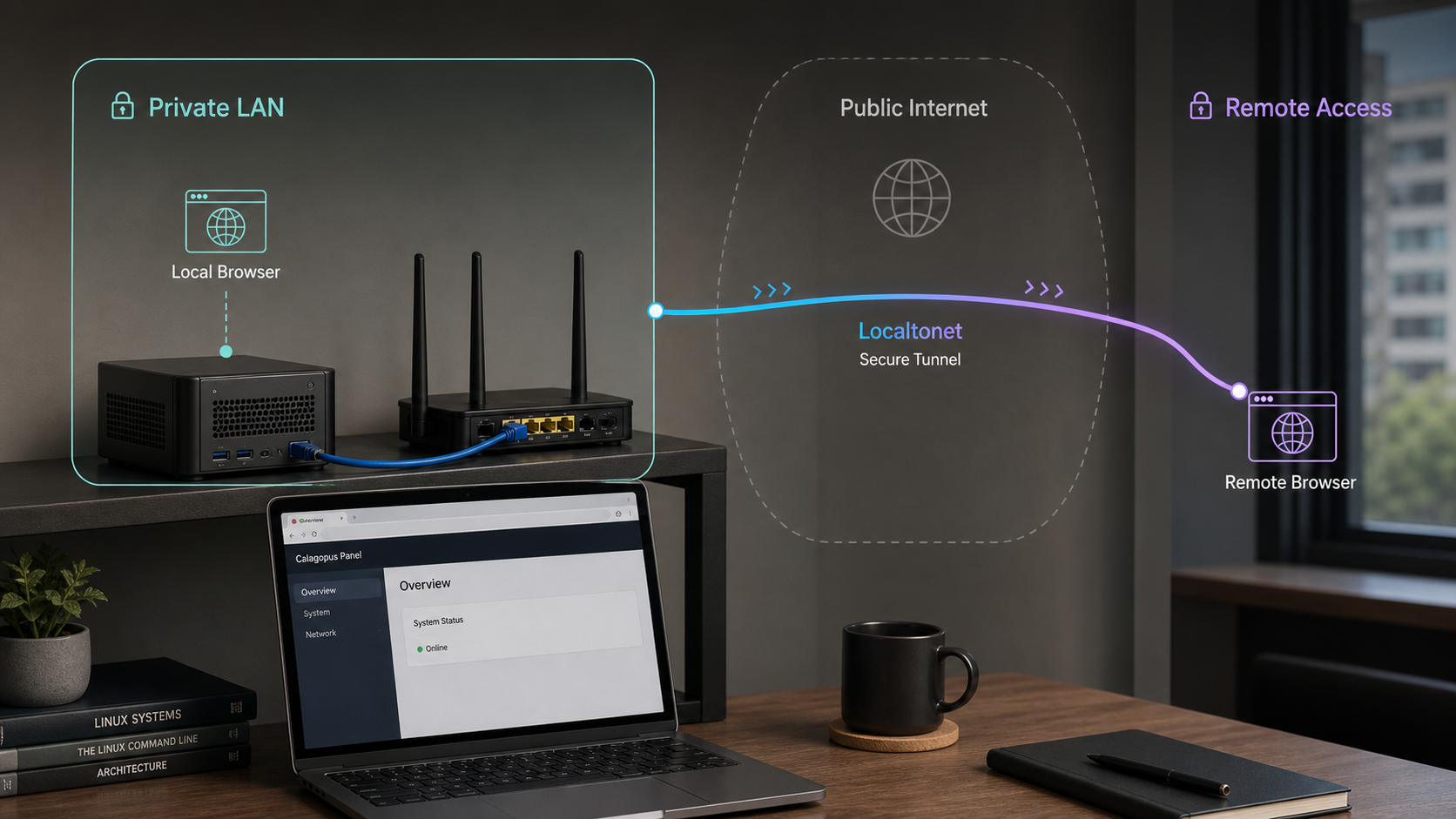 Self-hosted Calagopus Panel with local browser access and tunneled remote access