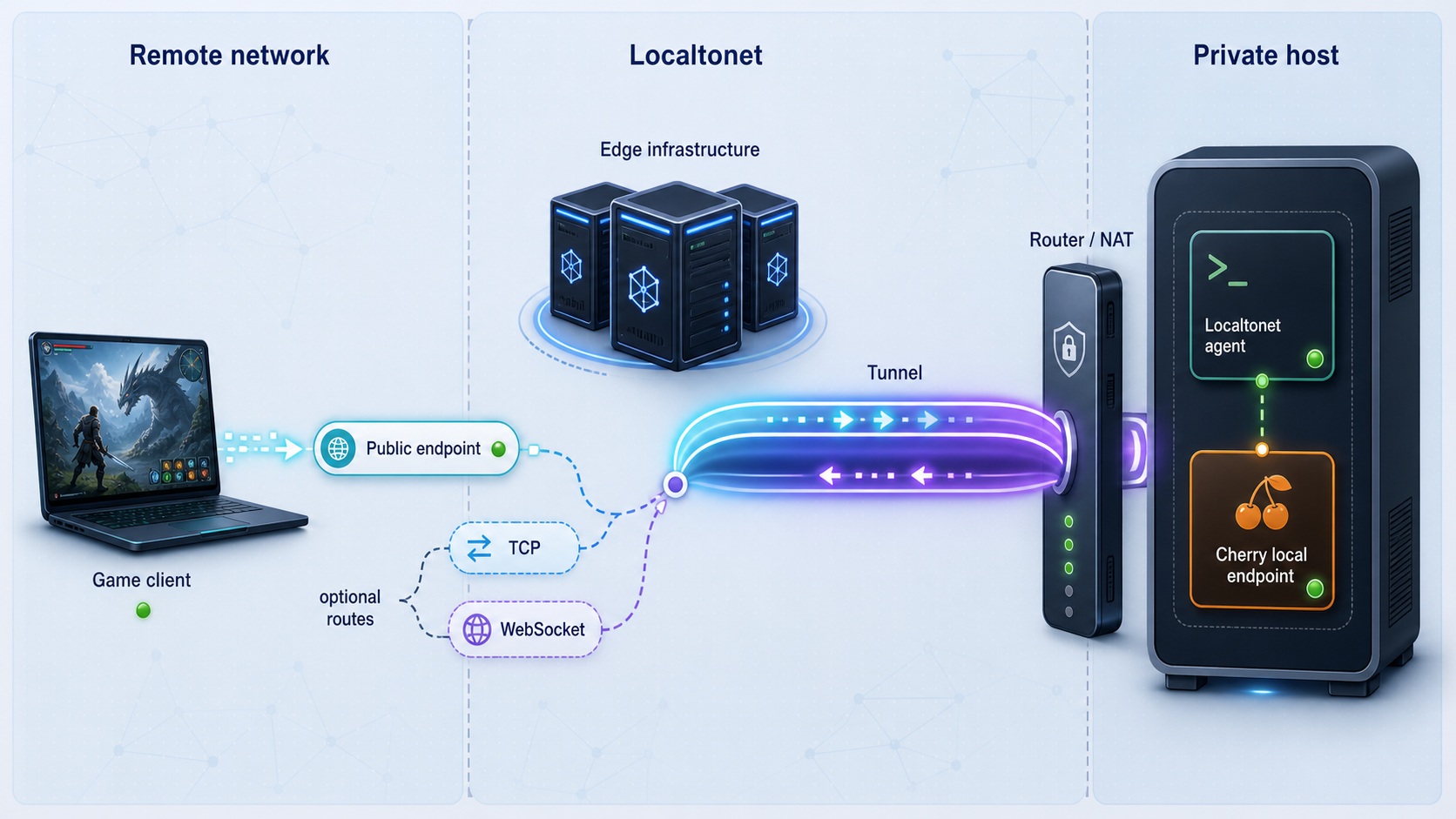 A remote TCP client connecting through a Localtonet TCP tunnel to a verified Cherry TCP listener