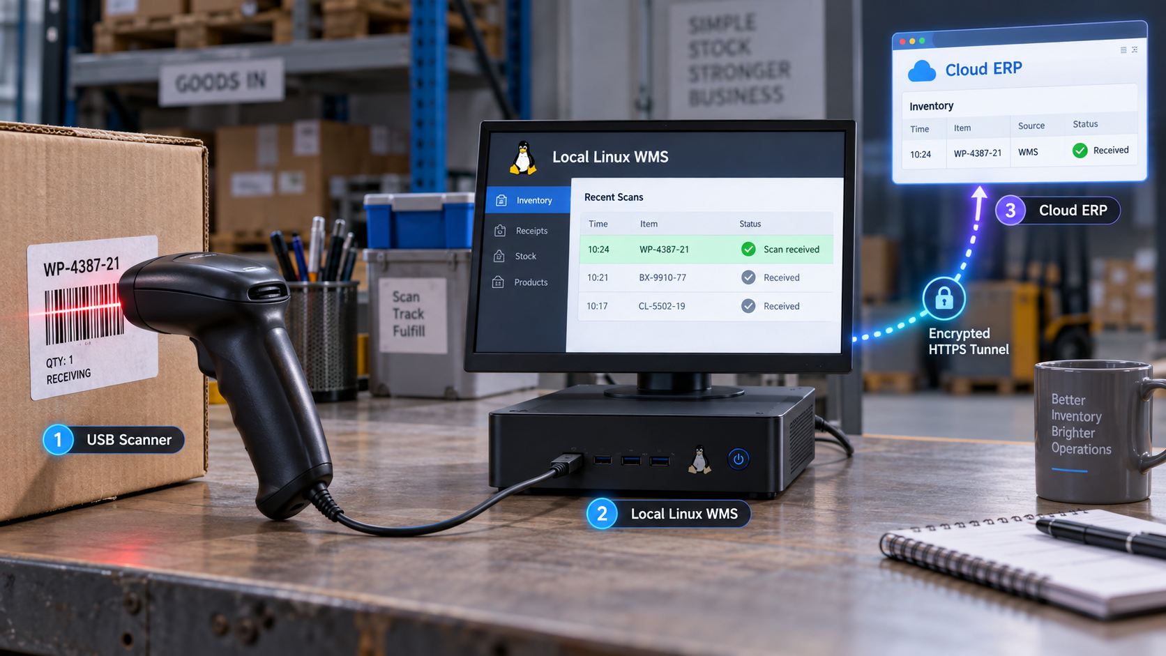 USB barcode scanner connected to a local Linux WMS with an HTTPS path to a cloud ERP.