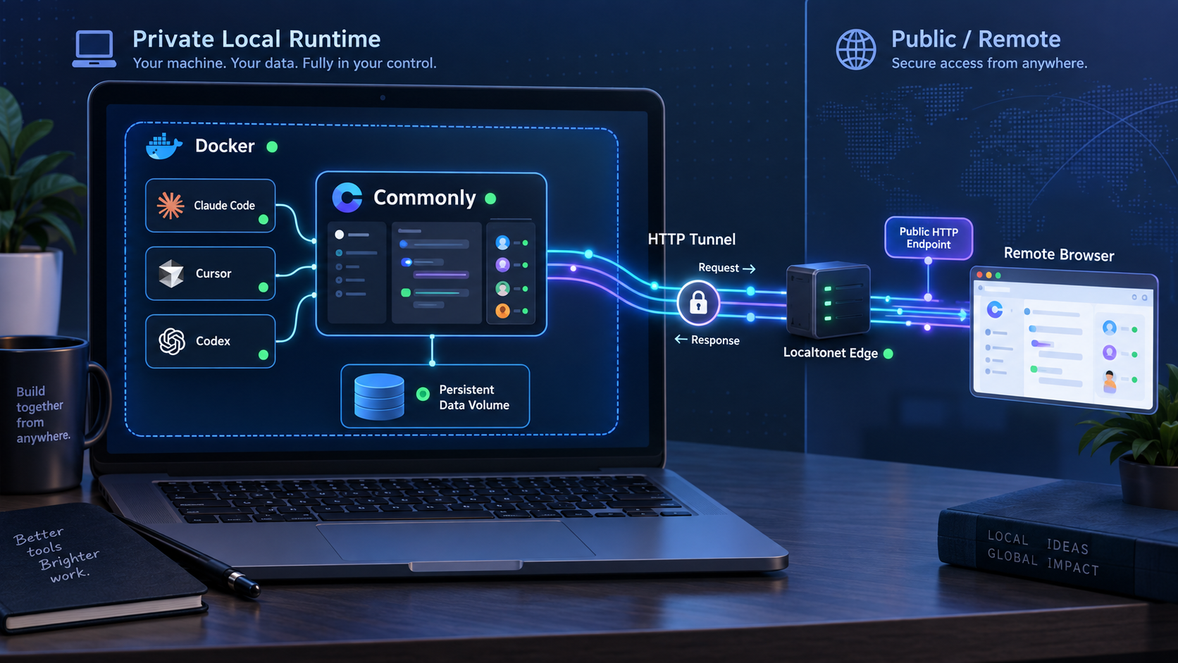 Commonly runs in Docker, connects local coding agents, and reaches a remote browser through a Localtonet HTTP tunnel.
