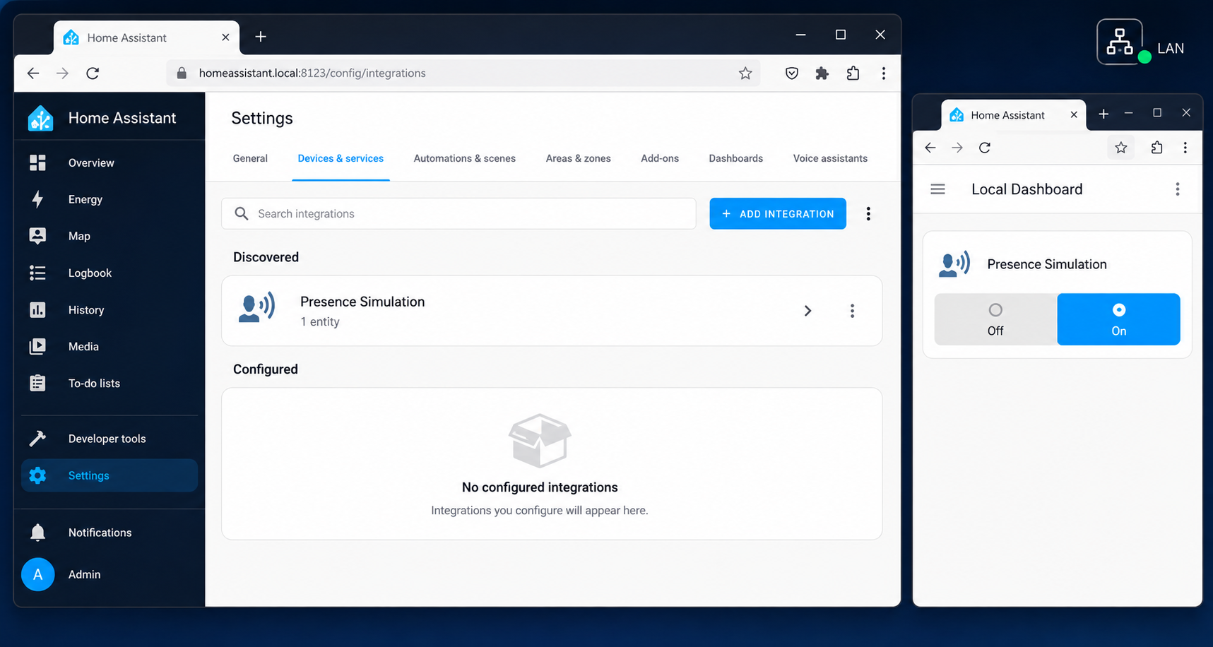 Home Assistant displays the Presence Simulation integration and its local control entity.