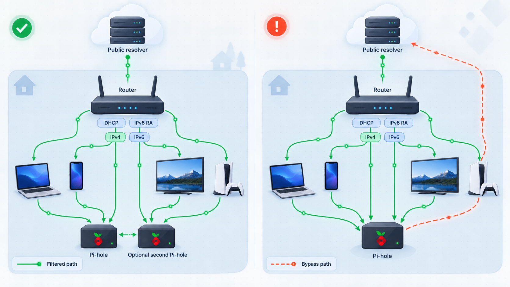 Network diagram contrasting DNS settings that send all clients through Pi-hole with settings that allow a public DNS bypass.
