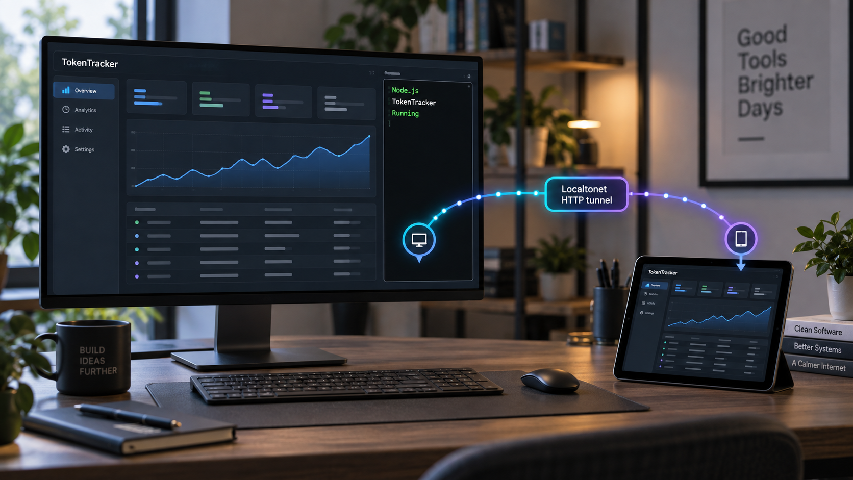 A local TokenTracker dashboard reaches a remote browser through a Localtonet HTTP tunnel.