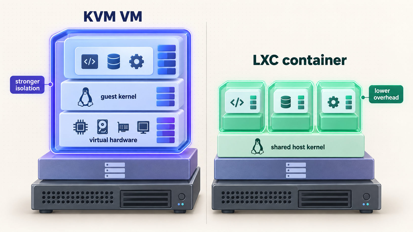 Layer comparison of a KVM virtual machine and an LXC container on a Proxmox host.