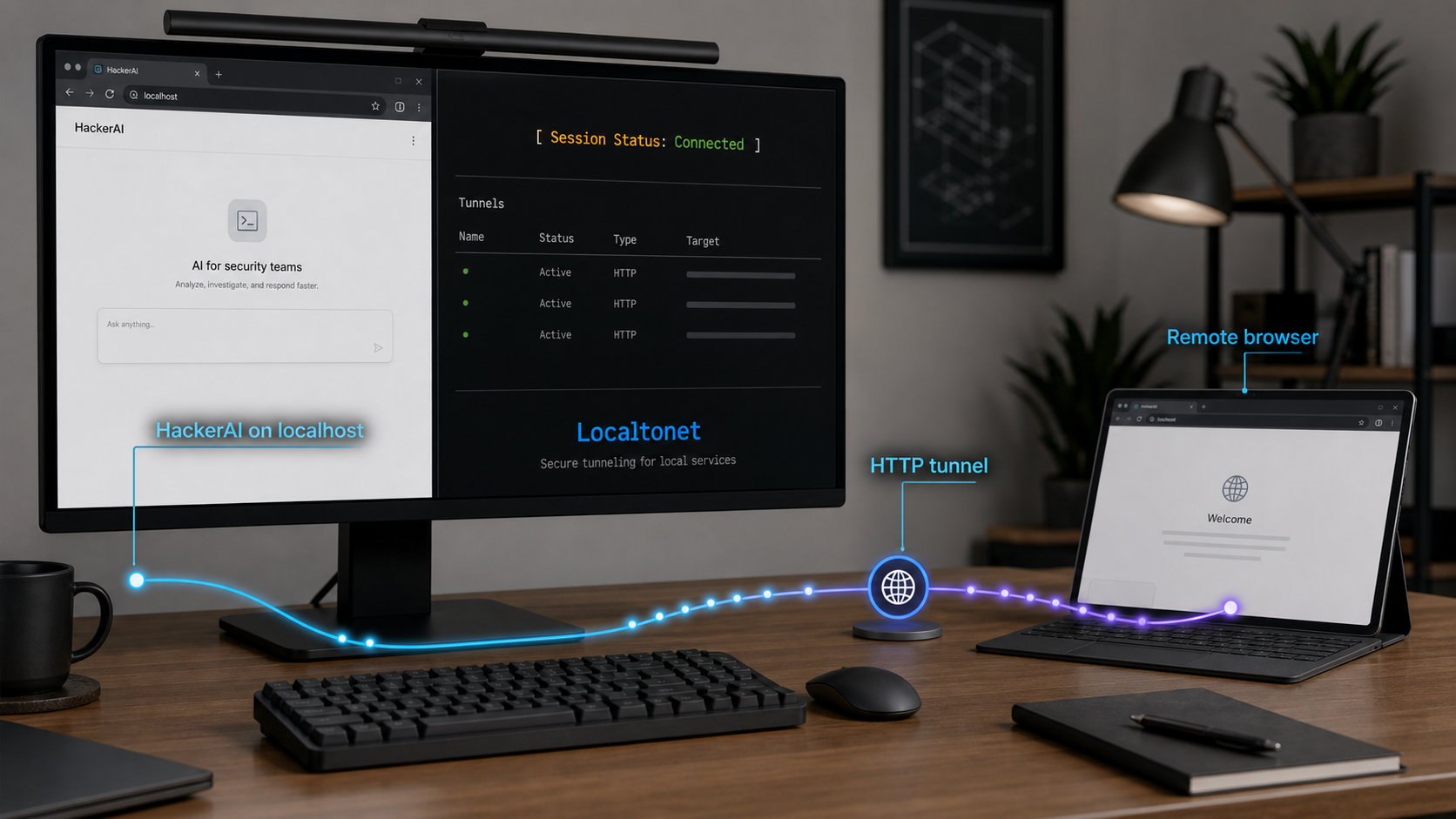 HackerAI development service connected to a remote browser through a Localtonet HTTP tunnel