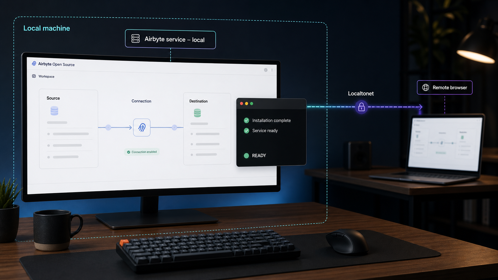 Airbyte running locally on a workstation with a path from a remote browser to the verified local service.