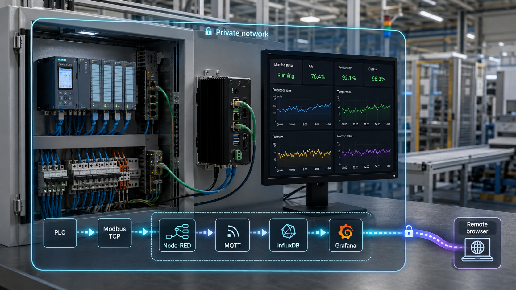 Factory PLC data flowing through MQTT and InfluxDB to a Grafana dashboard and remote browser.