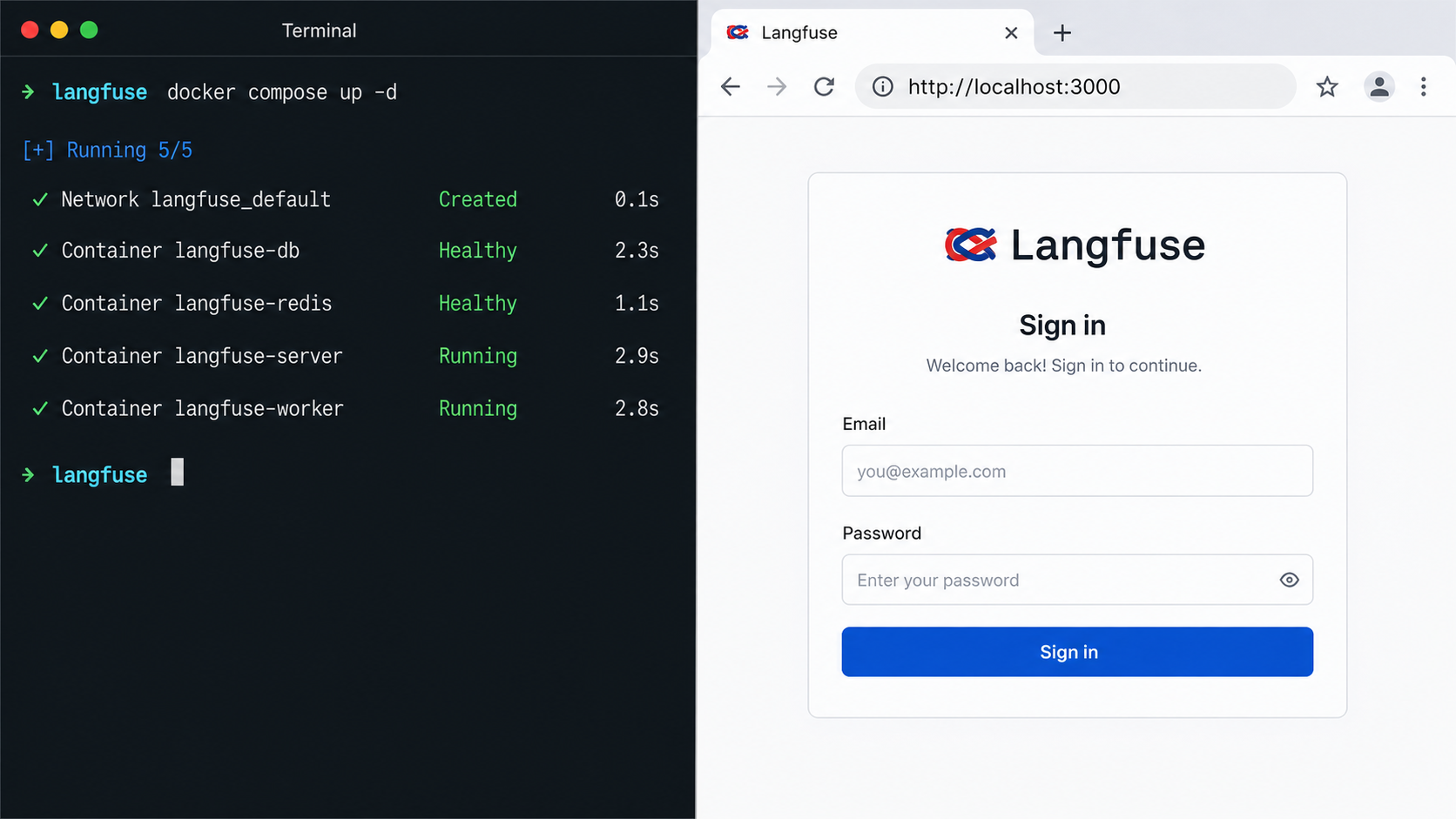 Docker Compose services running beside the Langfuse sign-in page opened at localhost port 3000