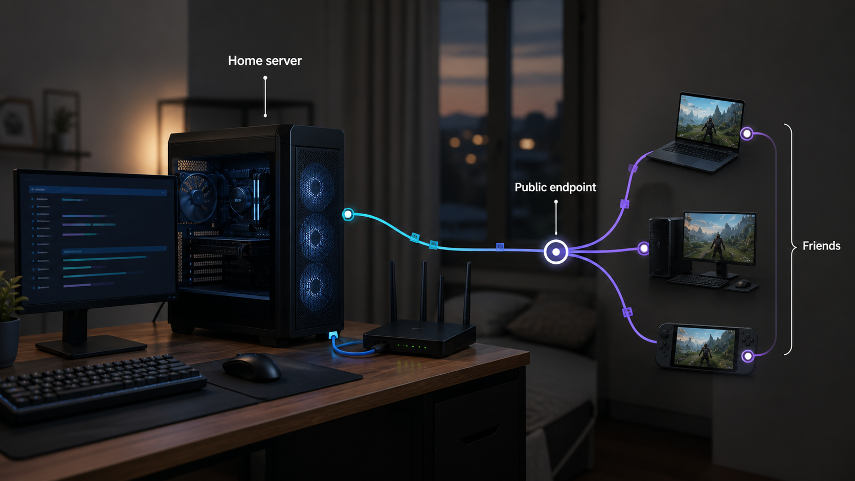 Home PC hosting a game server through a public tunnel for remote friends.
