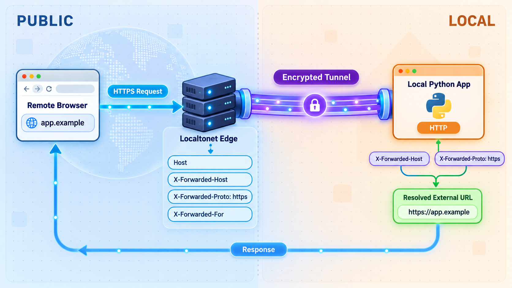 Public HTTPS request metadata forwarded through a tunnel to a local Python app.