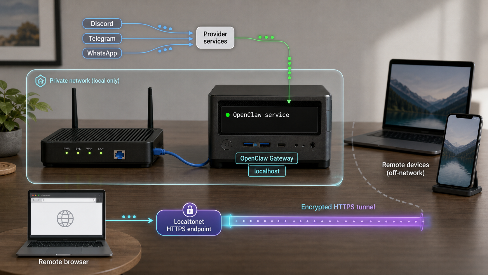 Self-hosted OpenClaw computer connected to messaging services and a remote browser through a Localtonet tunnel.